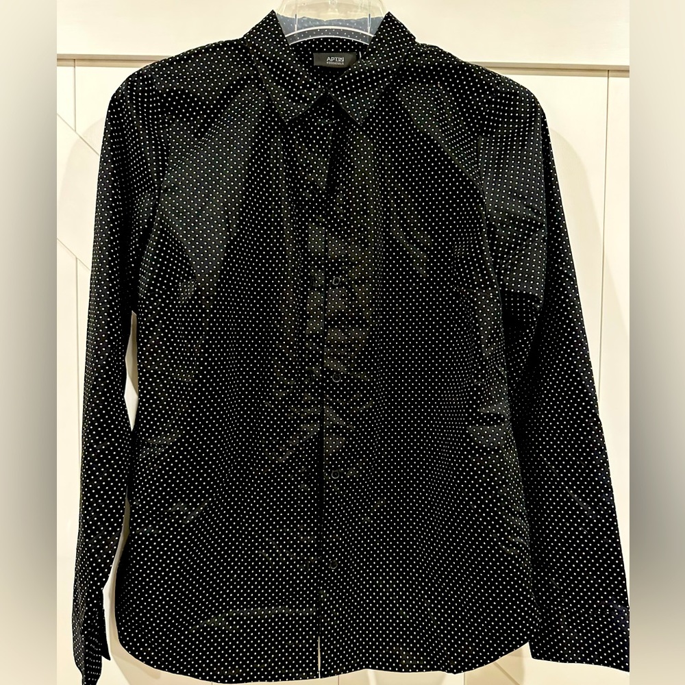 Black & white polka dot button down shirt.